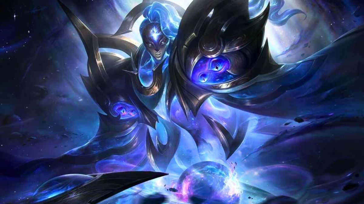 Woman with wings staring at a glowing ball in space in League of Legends