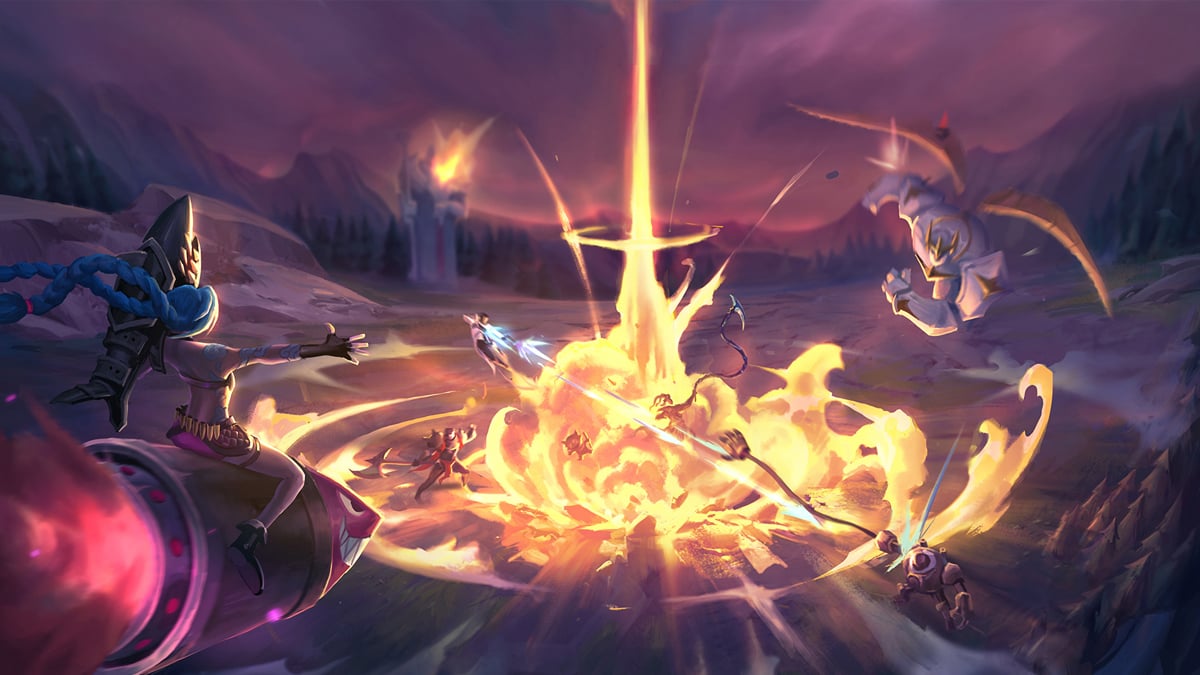 A collection of League of Legends champions engage in combat as an explosion rips around a crater.