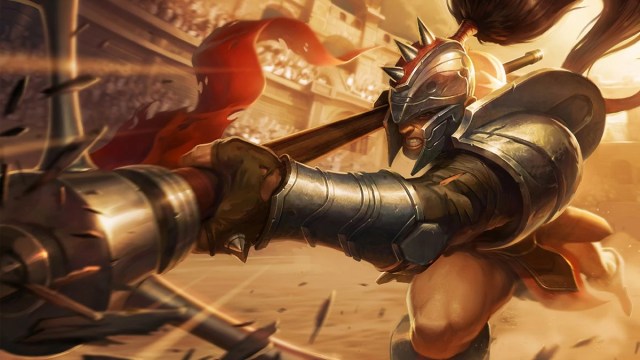 An armored soldier, Xin Zhao, lines up and thrusts his spear with a red ribbon in League of Legends.