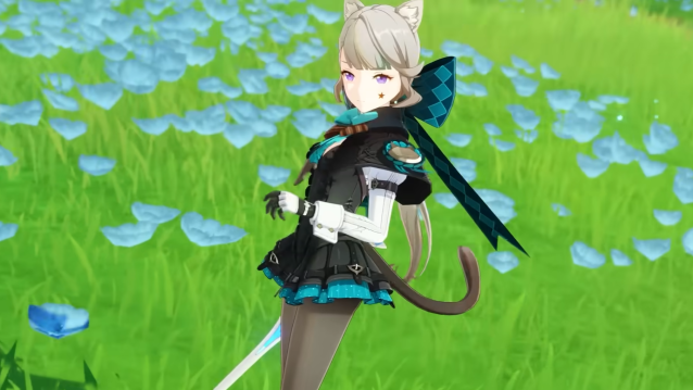 Lynette holding a sword pointed at the ground and her other arm bent in front of her as she looks to the side with no expression.