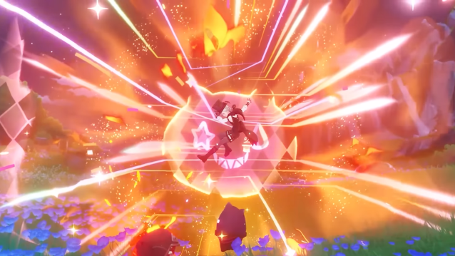 Lyney posing in the air while surrounded by a Pyro explosion from his elemental burst.