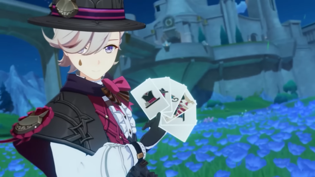 Lyney smiling while holding six cards in his hand.
