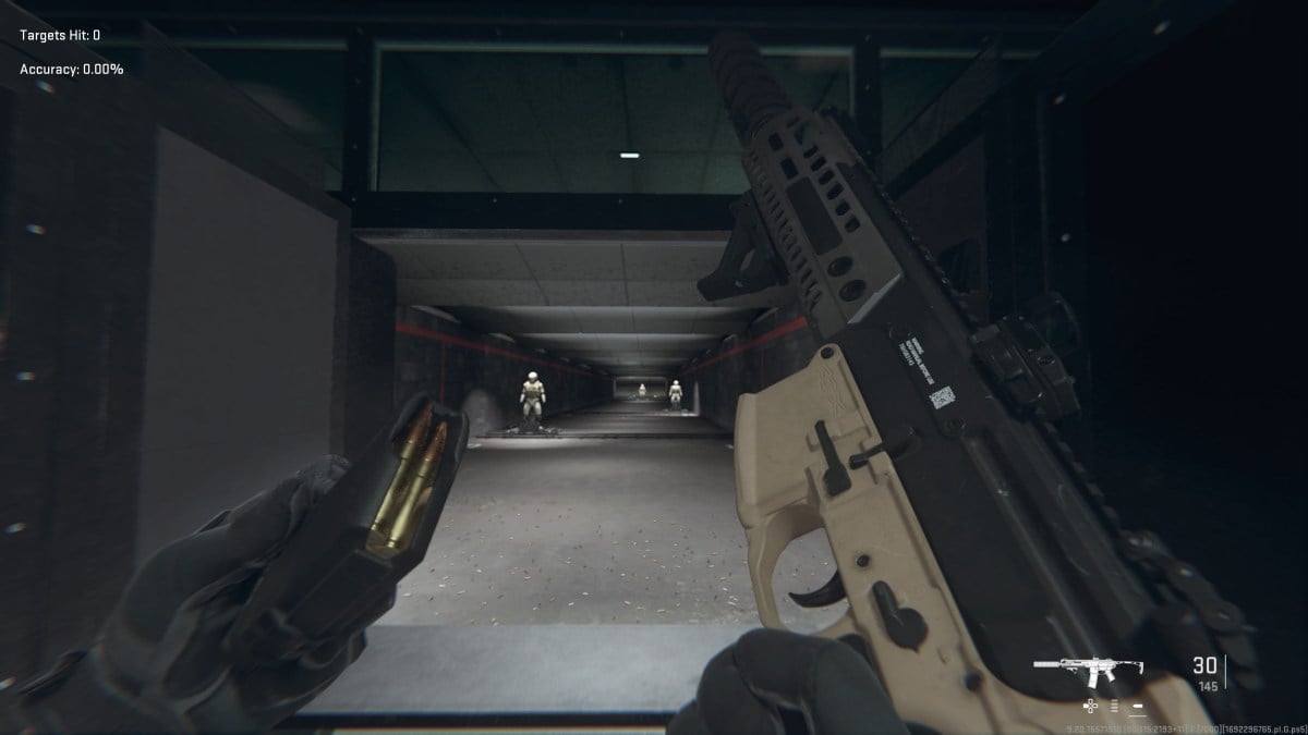 A screenshot of the M13C assault rifle in the firing range in MW2.