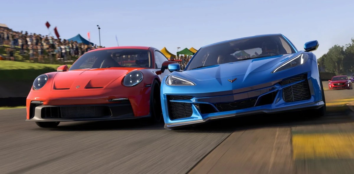 A Porsche and a Corvette racing in Forza Motorsport.