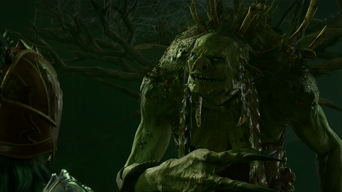A hideous swamp witch gestures to a character in Baldur's Gate 3.
