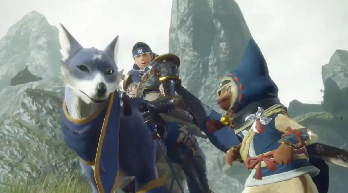 a man riding a palamute, a large dog-like thing in monster hunter