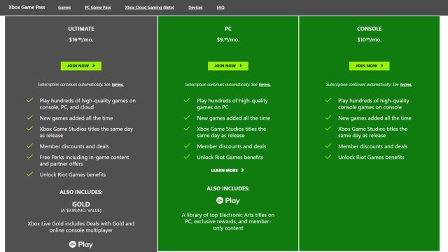 A screenshot of the Xbox Game Pass plans via the Microsoft Game Pass website.