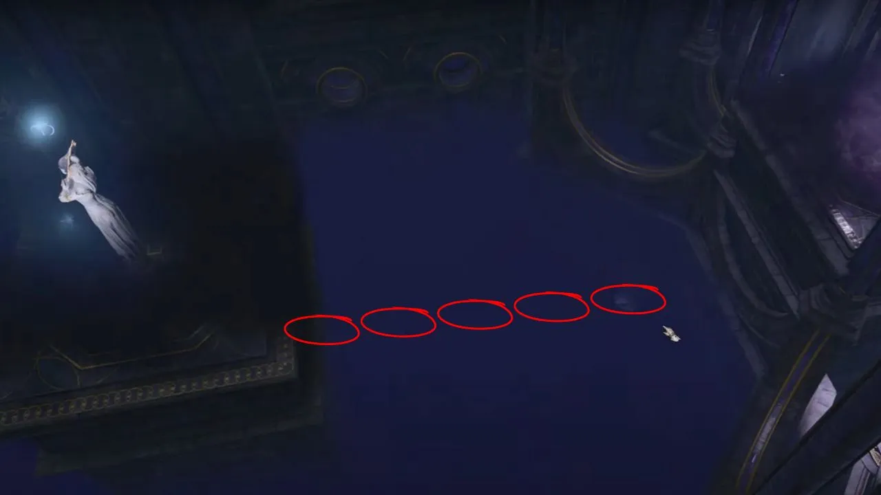 Red circles showing path from middle platform to the stopping point in faith leap trial in bg3