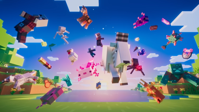 A bunch of Minecraft mobs flying in he air with a goat and axolotl in the middle.