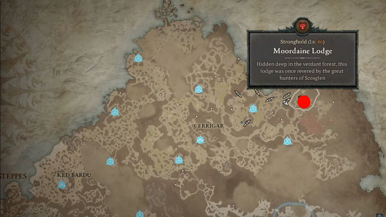 Red dot showing the location of moordaine lodge Diablo 4