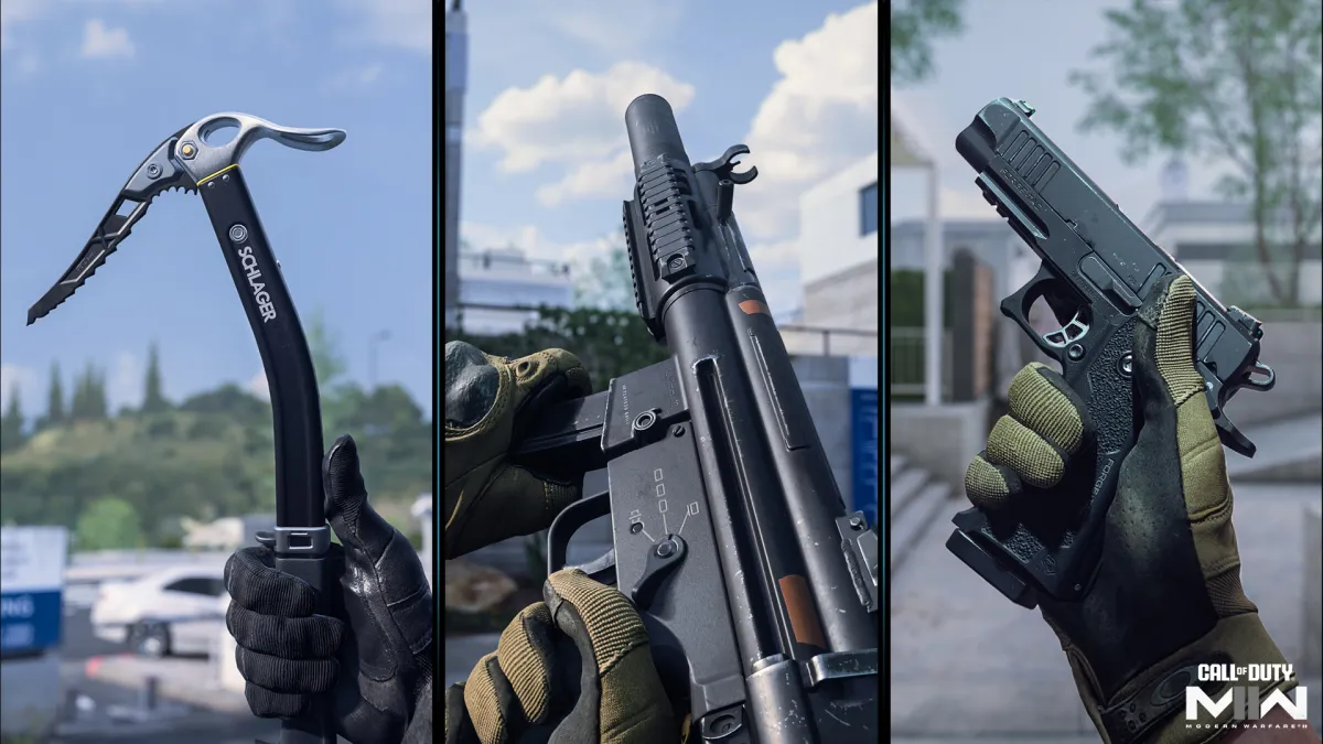 The three new weapons in MW2 Season 5 Reloaded. Pickaxe, Lachmann Shroud, and 9mm Daemon.