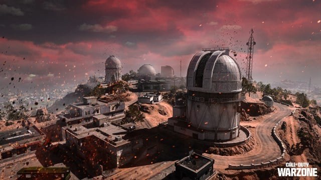 The Zaya Observatory on Al Mazrah. An observatory telescope dome sits among other buildings as the clouds darken over the map in red and grey.