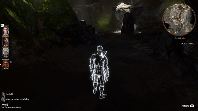 Wyll stands in a cavern. His character model is translucent, indicating that he is invisible to enemies.