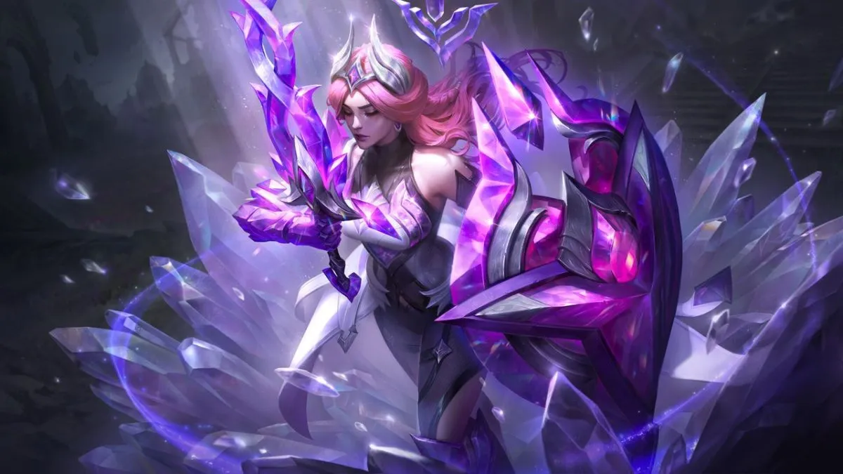 Woman with crystal shield and armor in League of Legends