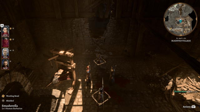 A group of adventurers stand before a collapsed wall in the ruins of a blacksmith's workshop. 