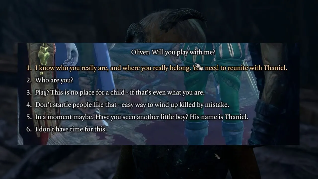 A list of dialogue options with Oliver in BG3