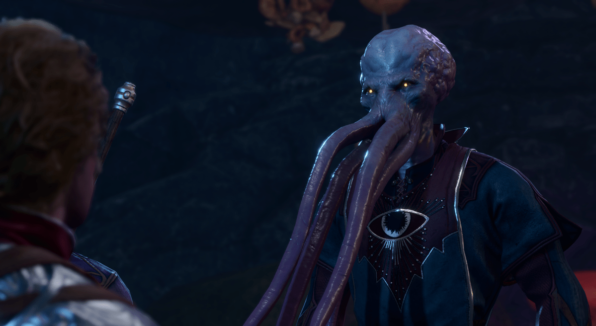 Omeluum, a Mind Flayer, looks forward with the tentacles from his octopus-like head stretching out.