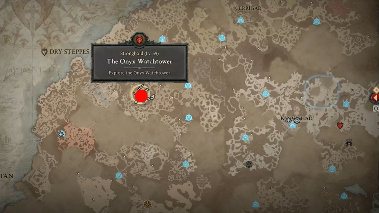 Red dot showing the location of Onyx Watchtower diablo 4