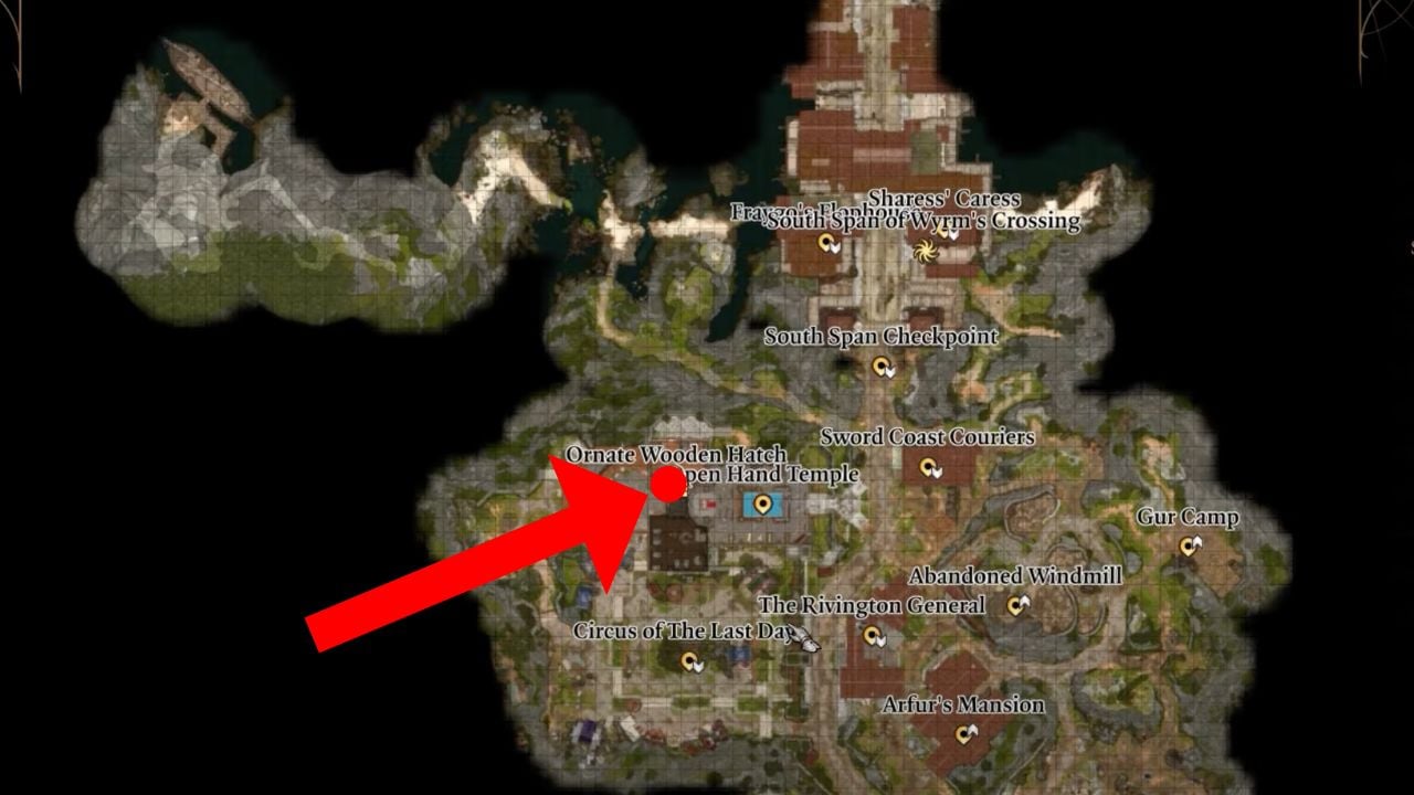 Map with a red dot and arrow pointing to the entrance for dribbles torso bg3