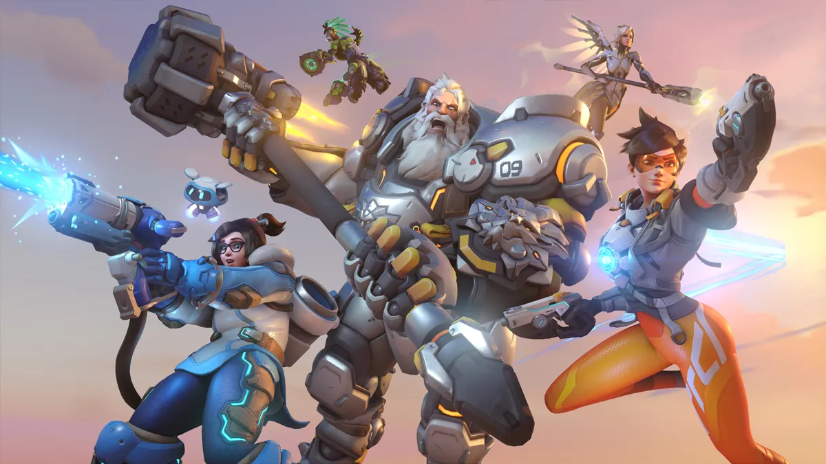 An assortment of heroes from Overwatch 2, firing their weapons at enemies.