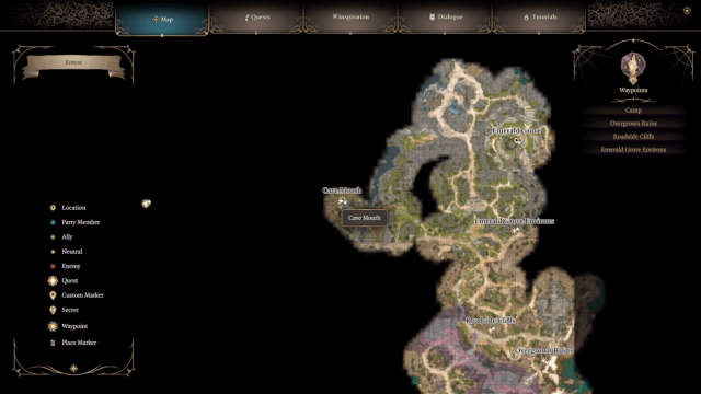 A map showing the cave mouth of the Owlbear cave in Baldur's Gate 3
