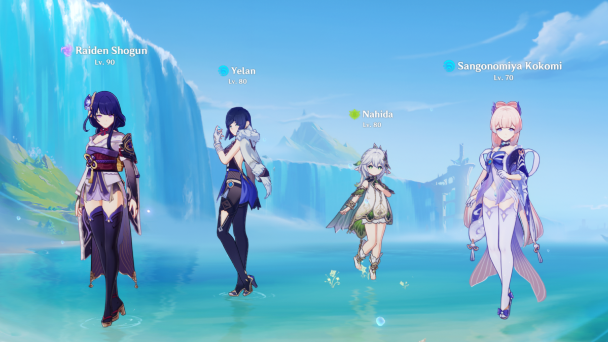 The party setup screen for Fontaine featuring the party members Raiden Shogun, Yelan, Nahida, and Kokomi.