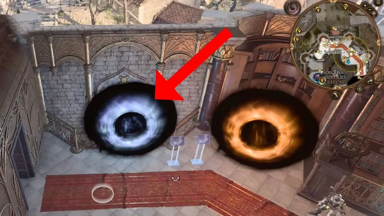 An arrow pointing to a light blue portal in BG3