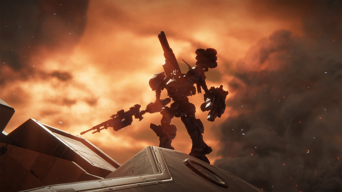 A mech stands atop a flaming wreck in Armored Core 6
