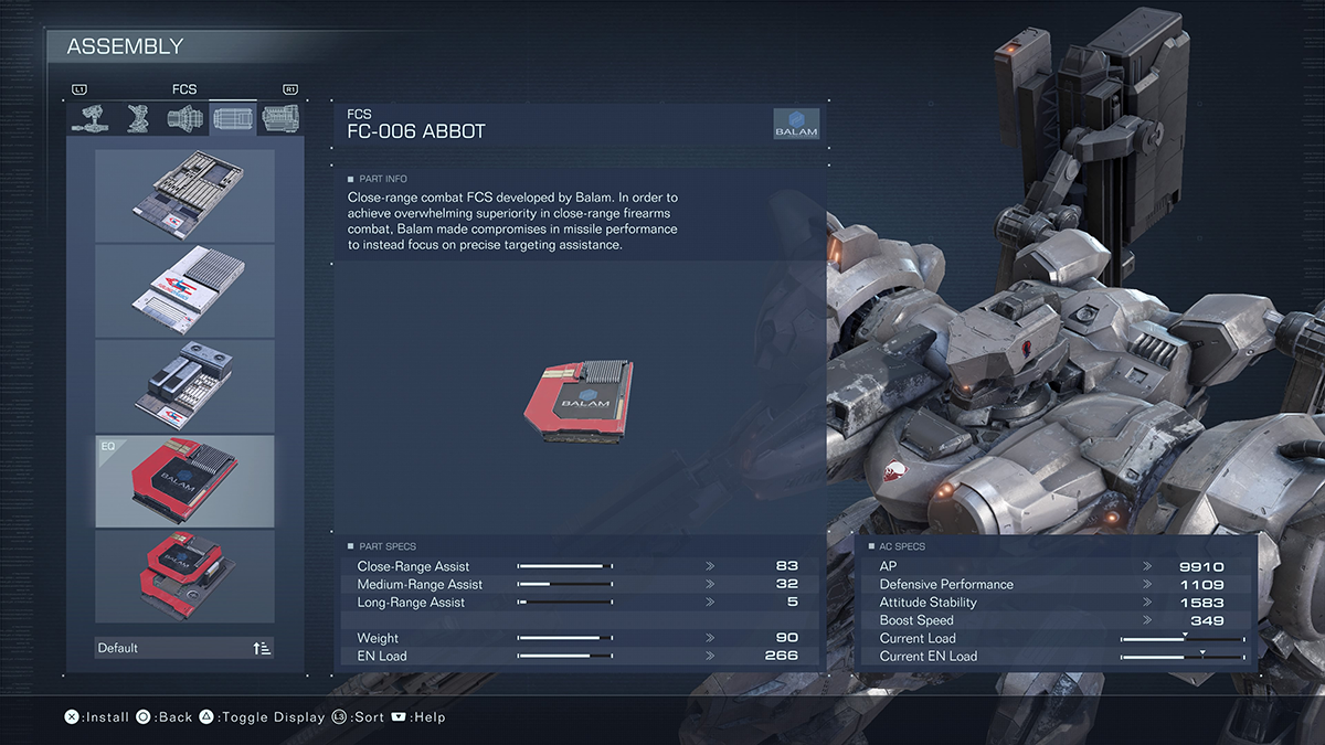 A menu screen for the FC-006 ABBOT from Armored Core 6.