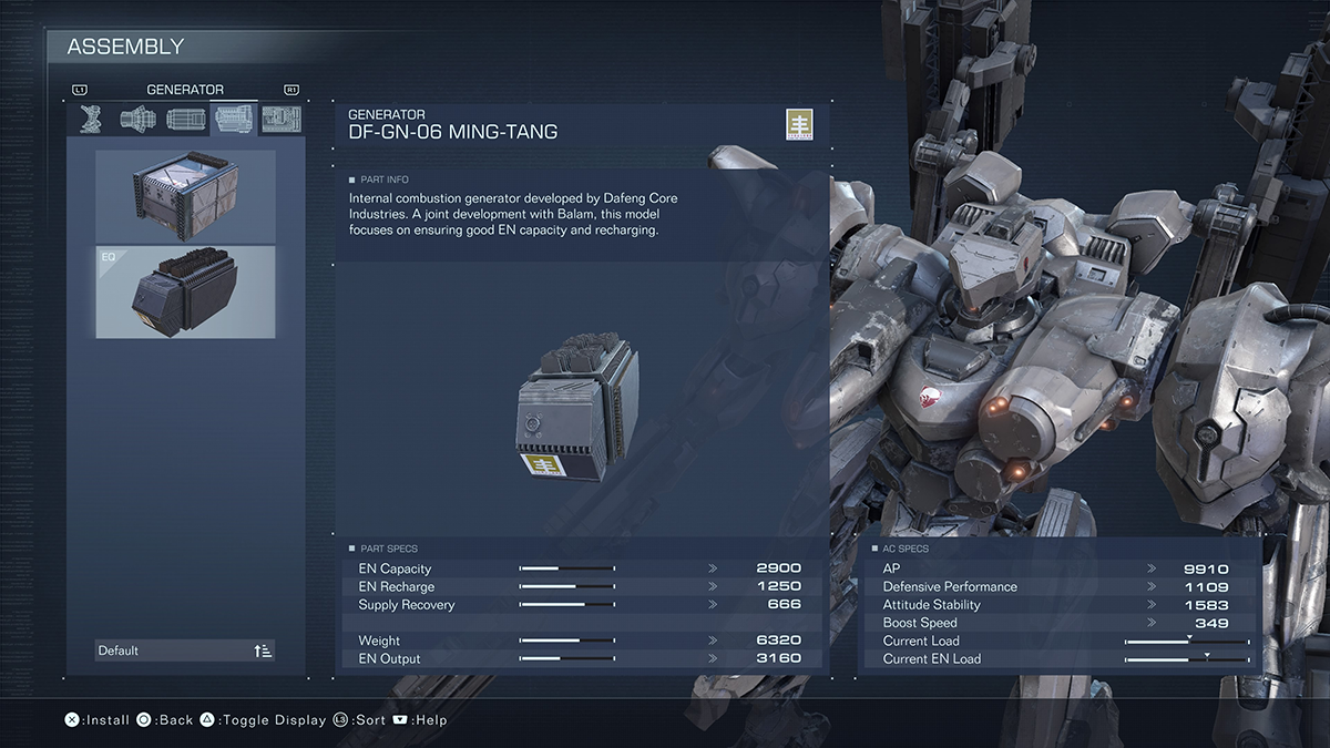 A menu screen for the DF-GN-06 Ming-Tang from Armored Core 6.