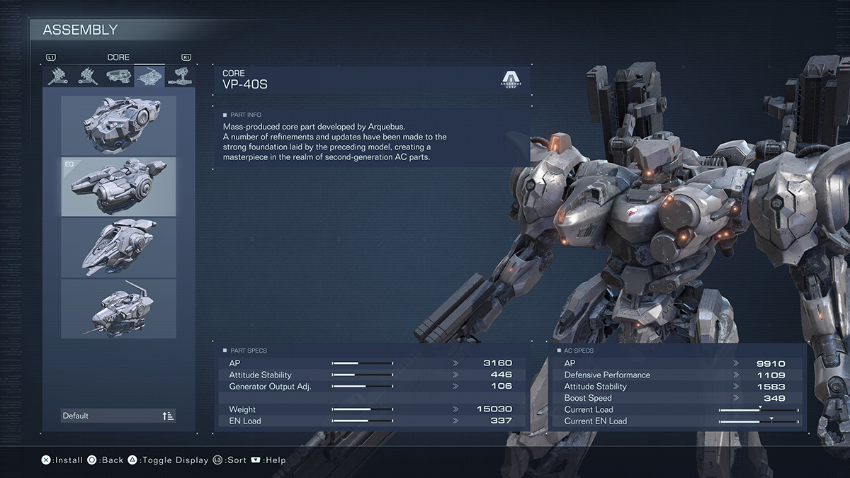 A menu screen for the VP-40S from Armored Core 6.