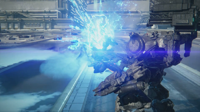 A mech explodes into a ball of blue flame in Armored Core 6.