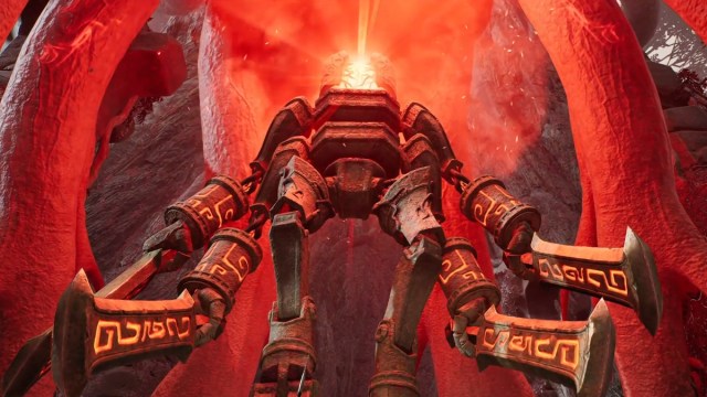 A giant stone machine powers up, with a glowing red core, while holding four swords in Remnant 2.