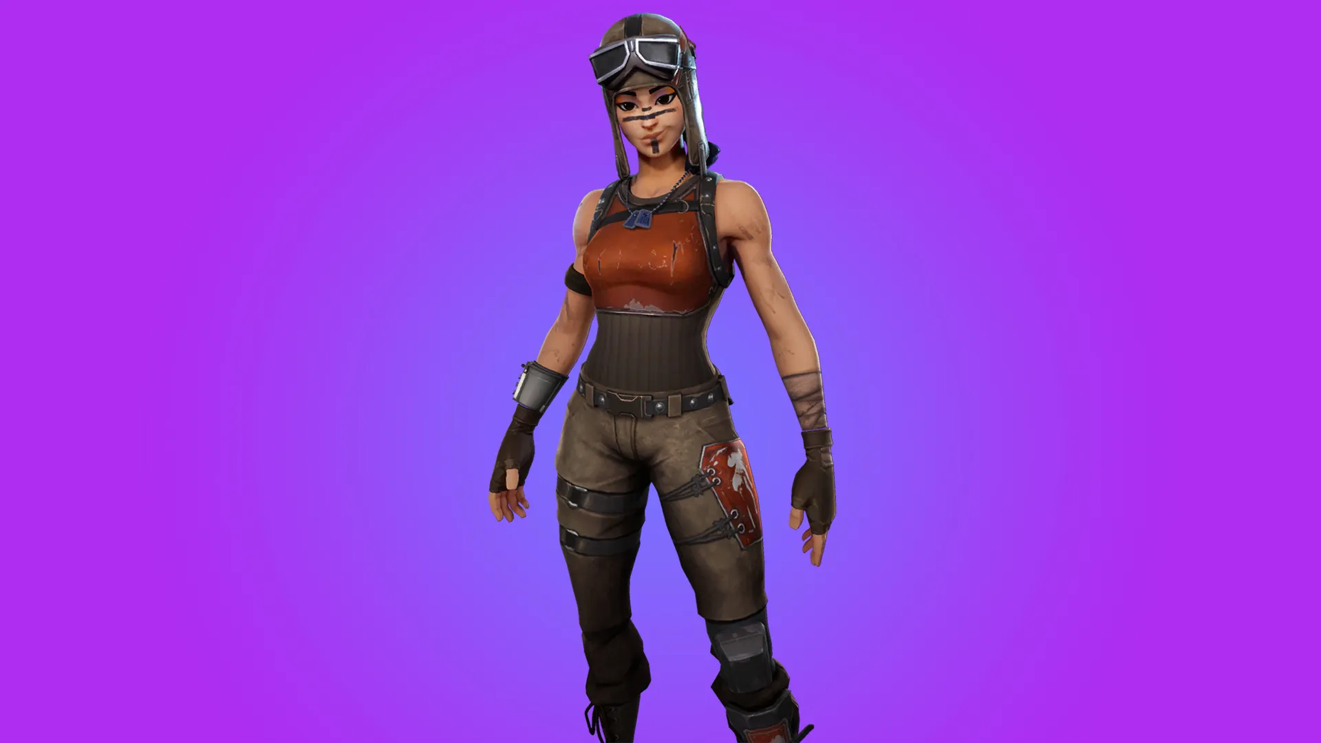 Renegade Raider berdiri dengan latar belakang ungu