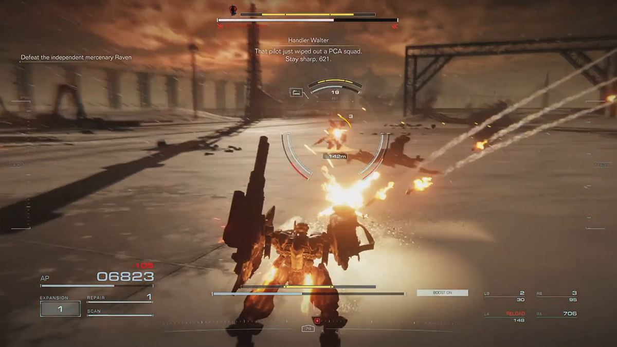 Two mechs do battle in Armored Core 6.