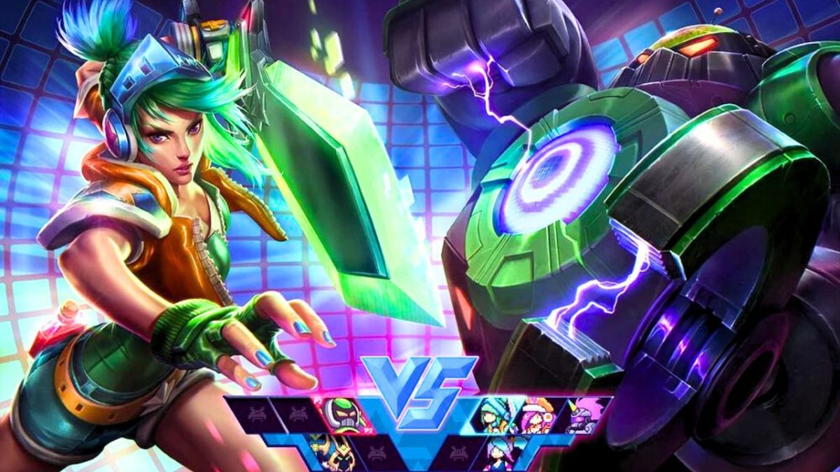 Woman with a sword arm and a robot in a cyberpunk fight in League of Legends