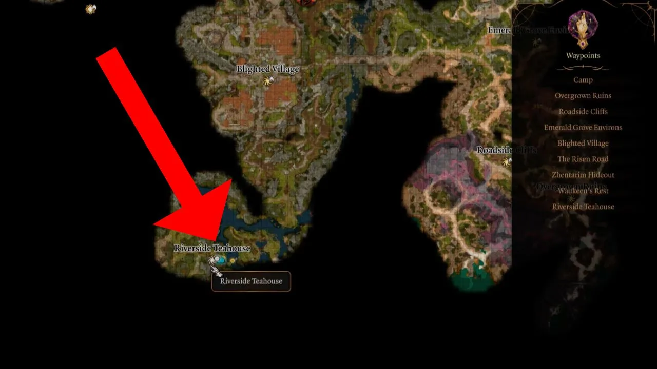 Red arrow pointing to the riverside teahouse location in BG3