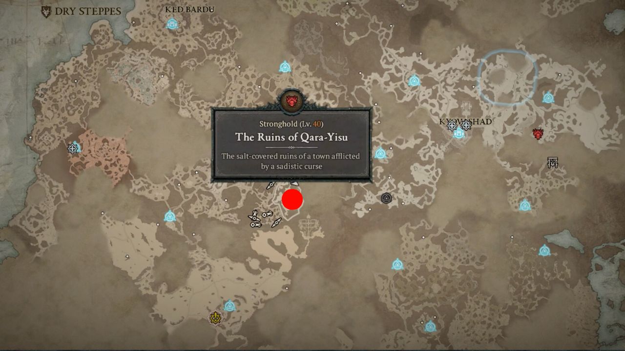 Red dot showing the location of Ruins of Qara-Yisu in Diablo 4