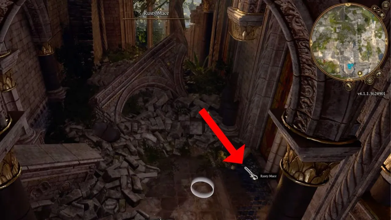 Red arrow pointing to a mace on the ground in BG3