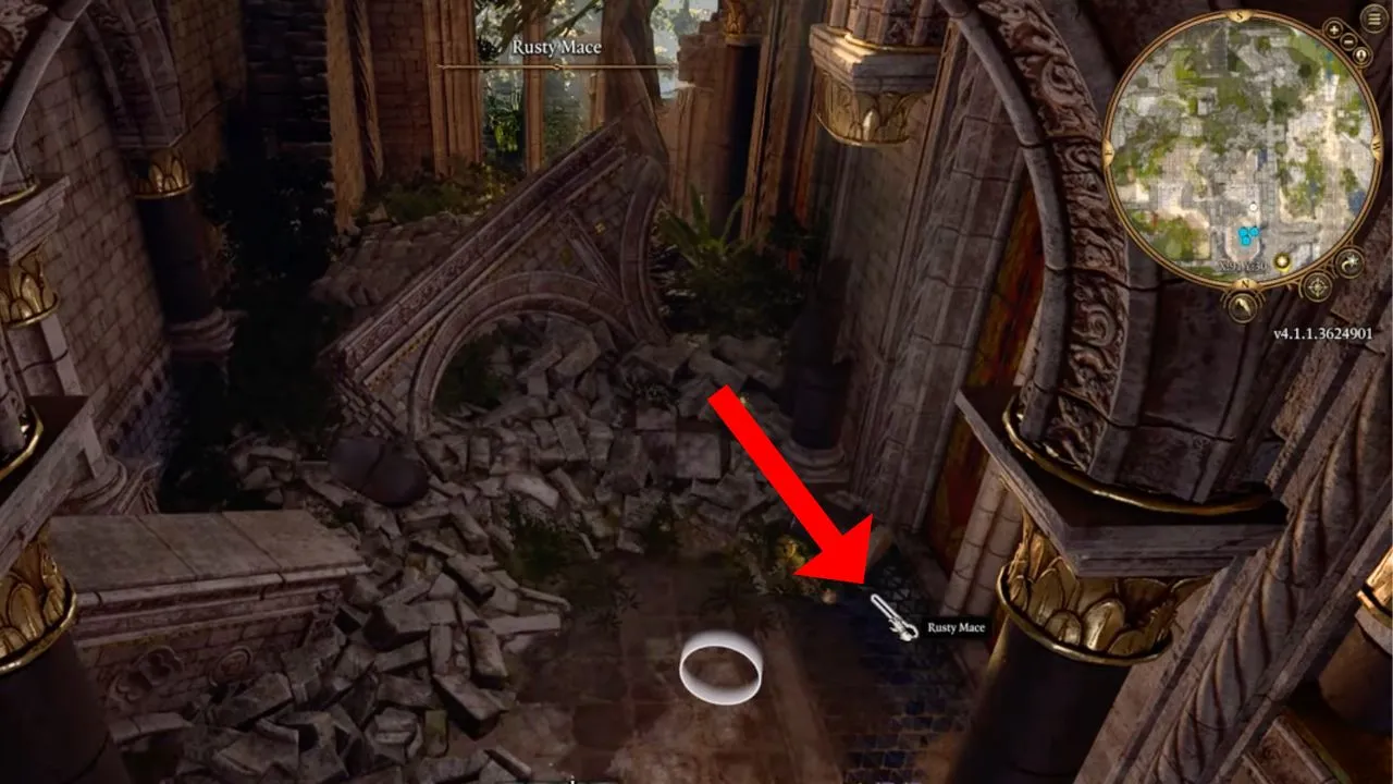 red arrow pointing to a rusty mace on the ground in BG3
