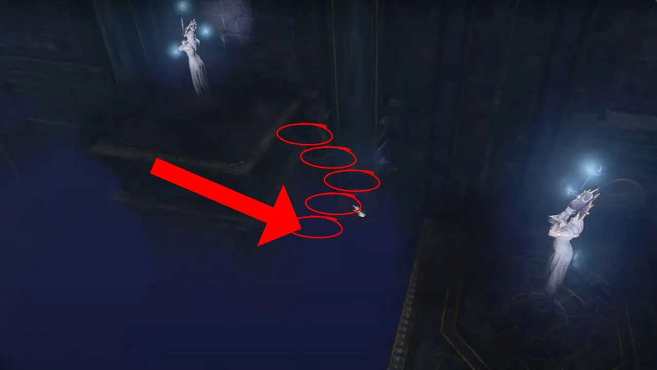 Five red circles making a path in darkness with an arrow pointing to the last circle to stop in BG3
