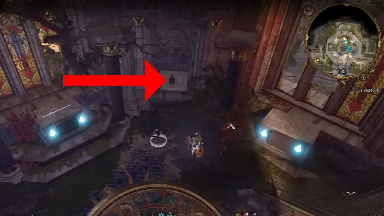Red arrow pointing to a pouch hidden within a wall in BG3