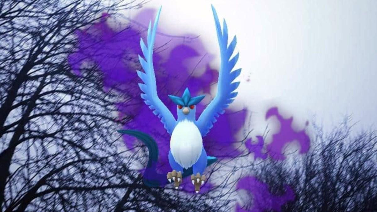 Shadow Articuno descending over some trees in Pokemon Go
