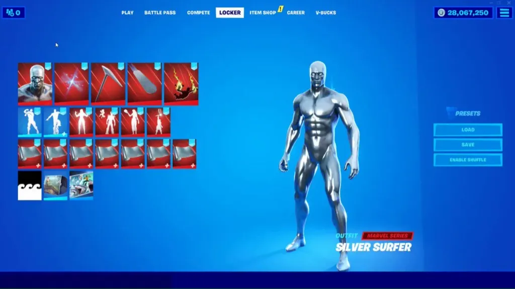 Silver Surfer is shown on the right in outfit form showing all his items on the left.
