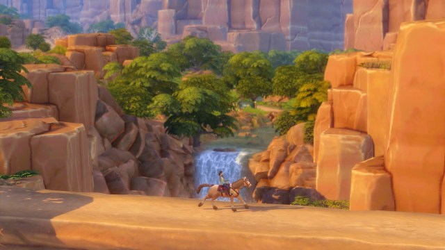A Sim riding a horse across a bridge over a canyon.