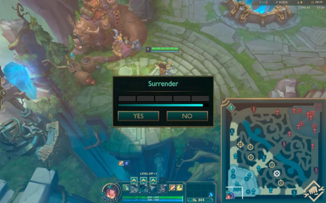 A Sivir player looks at a newly-popped Surrender Vote in League of Legends