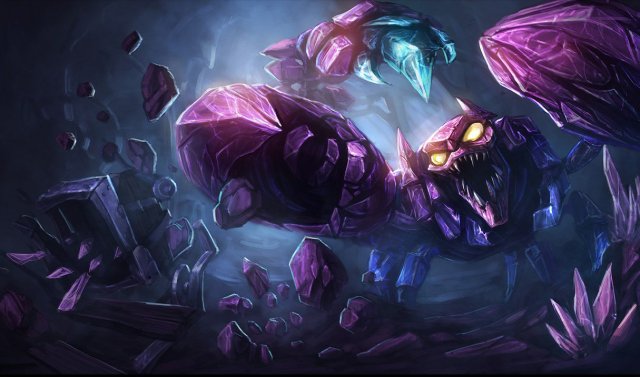 The League of Legends champion Skarner in an underground tunnel surrounded by large crystals.