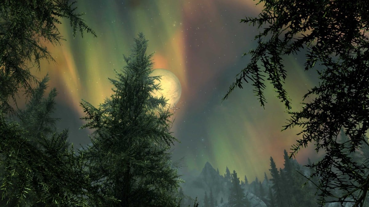 Skyrim's northern lights and smaller moon, seen from a forest outside riverwood