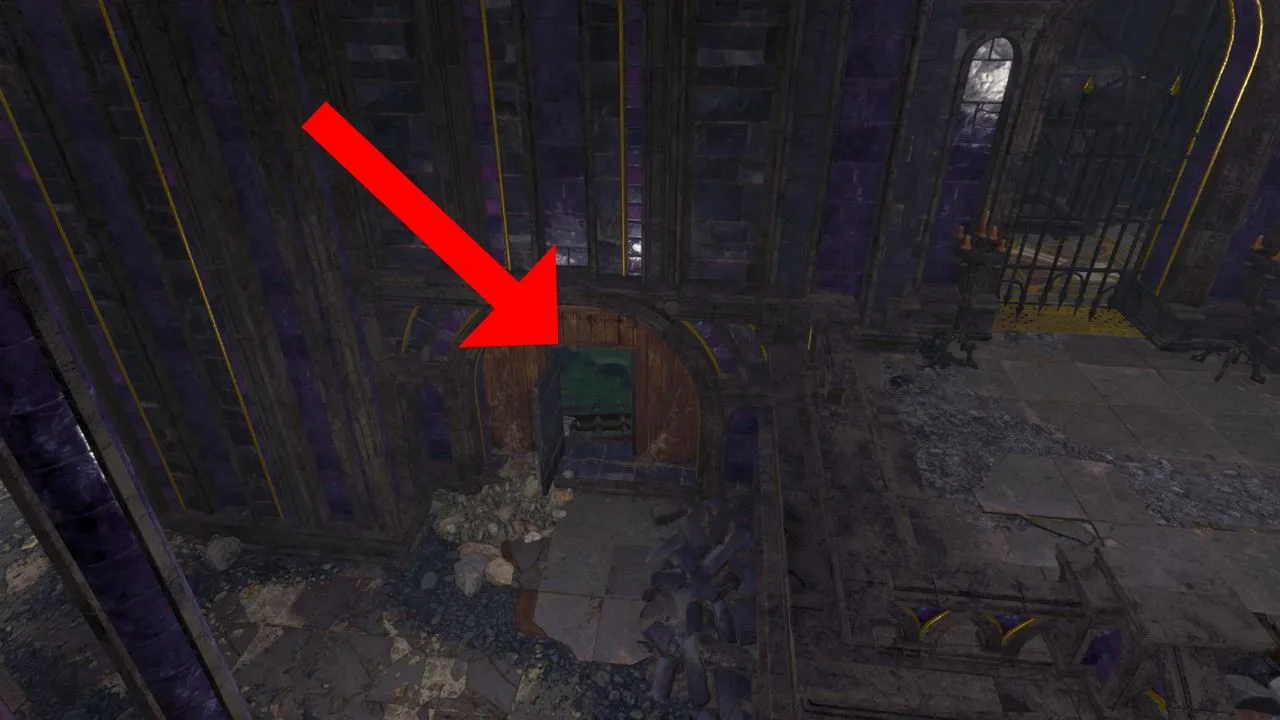 Red arrow pointing to a door next to rubble in BG3