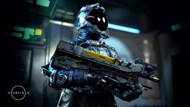 A promotional screenshot of a character holding a rifle in Starfield.